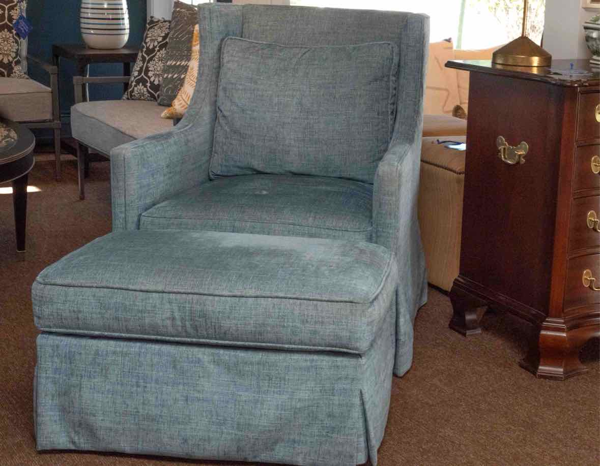 Pair Lee Industries Wing Back Swivel Skirted  Chairs & Ottoman