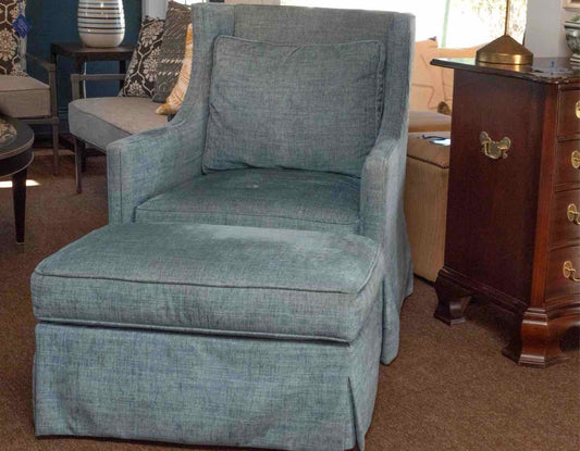 Pair Lee Industries Wing Back Swivel Skirted  Chairs & Ottoman