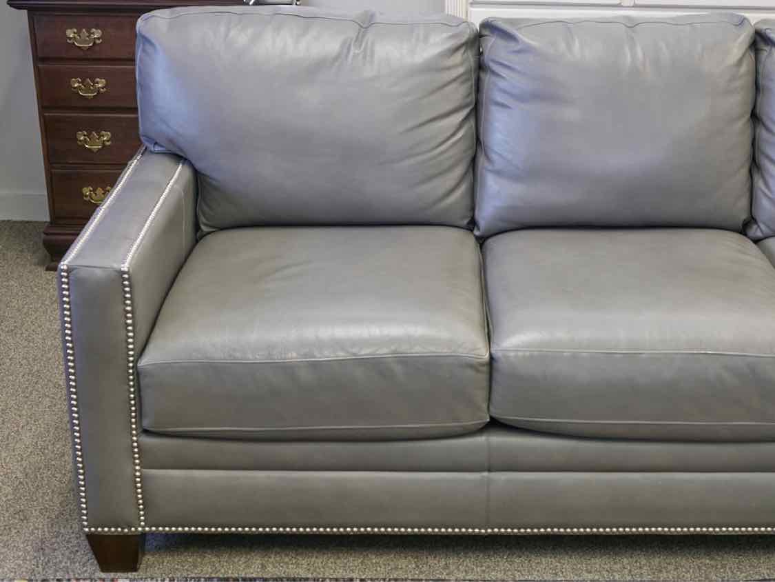 Basset Light Gray Leather Sofa With Nailhead Trim