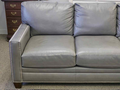 Basset Light Gray Leather Sofa With Nailhead Trim