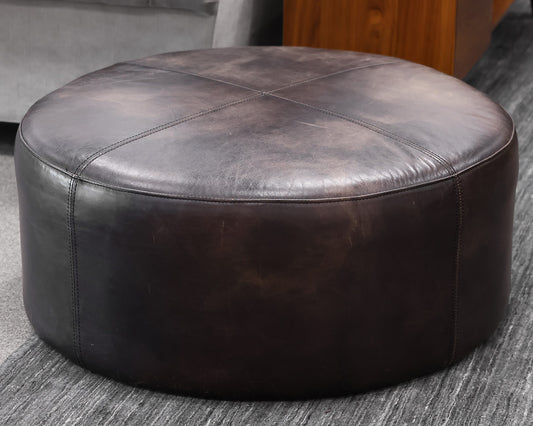 Restoration Hardware Round Ottoman in Distressed Brown Leather