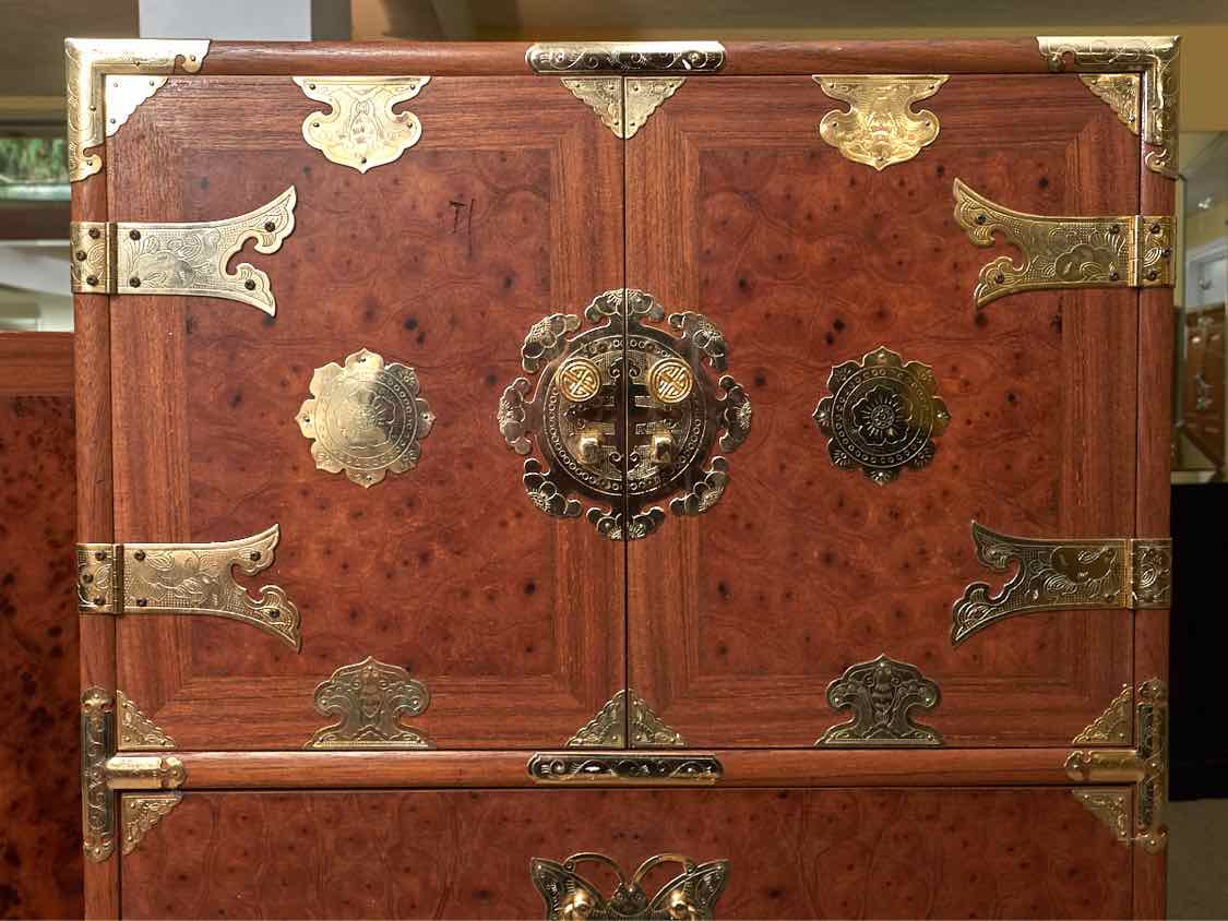 Asian Burled Walnut 5 Door Lingerie Chest with Brass Moth Handles