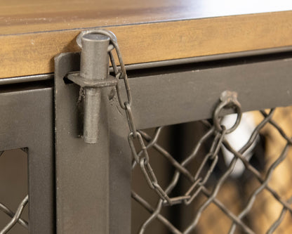 Industrial Bar Cabinet in Steel Mesh with Plank Reclaimed Wood Top