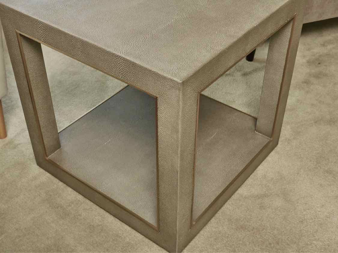 Pair of RH  Grey Shagreen Square  Side Tables with Gold Trim Accent