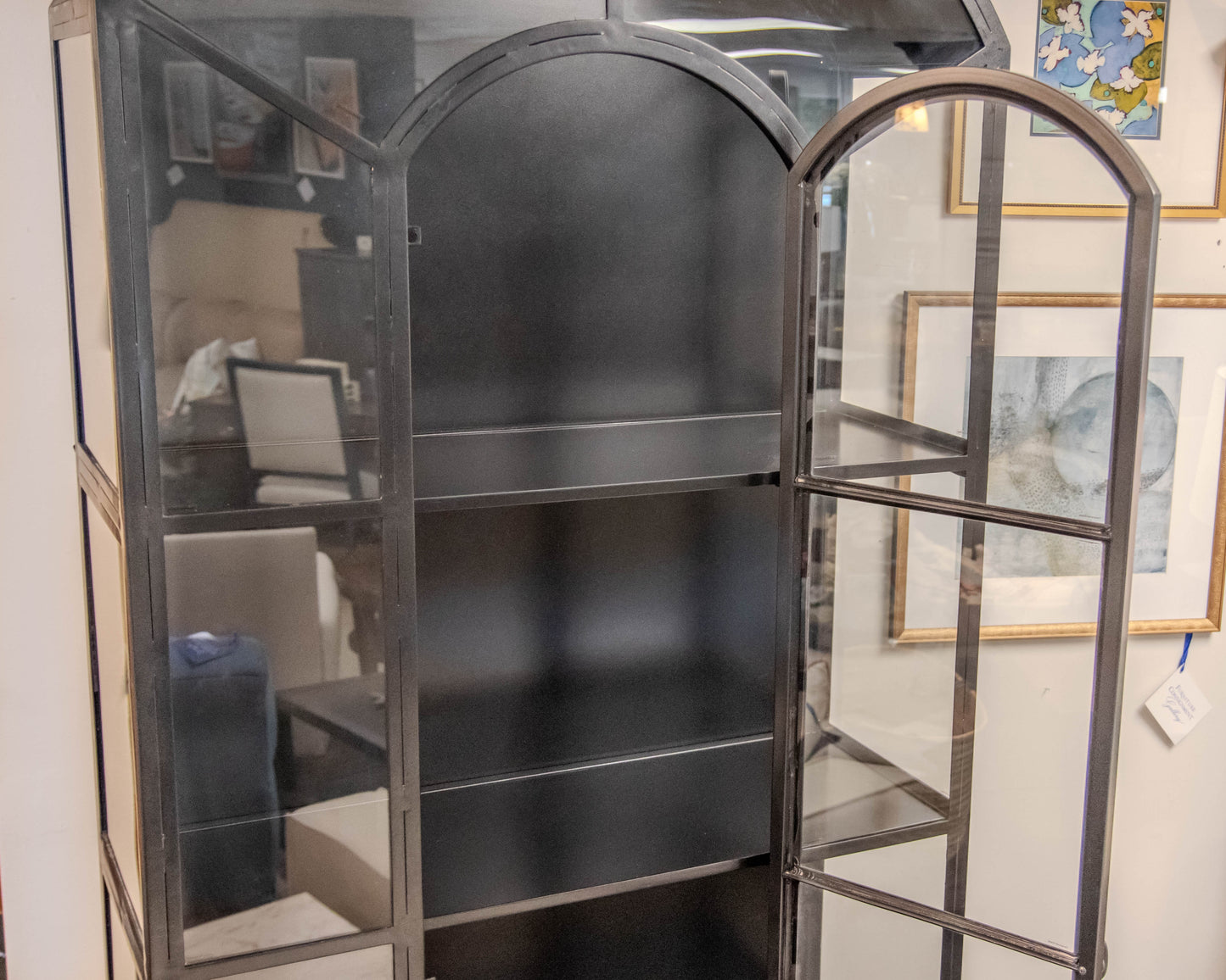 Crate & Barrel Ventana Old World Arched Black Iron Glass Display Cabinet