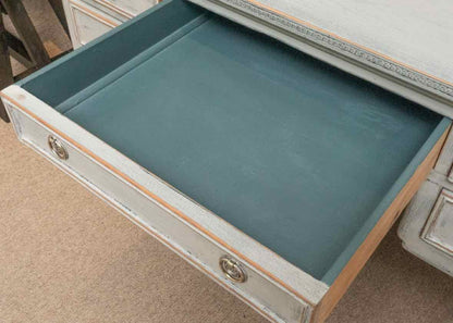 Distressed Grey Finish 7 Drawer Writing Desk With Reeded Legs