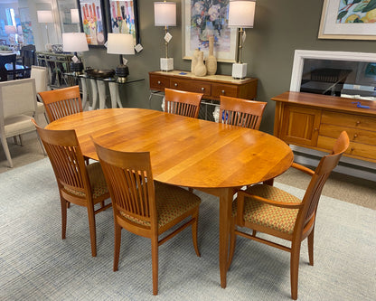 A. Sibau Round Dining Table with Leaves & Set of 6 Spindle-back Chairs in Cherry