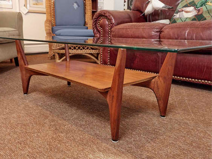 Teak Base With Lower Shelf Glass Top Cocktail Table