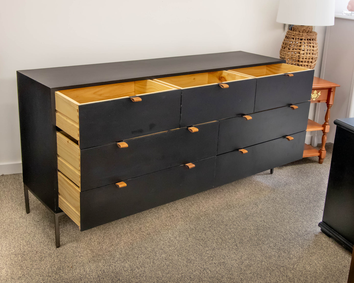 Four Hands 7 Drawer Trey Dresser In Black Wash Poplar Finish On Slim Iron Legs