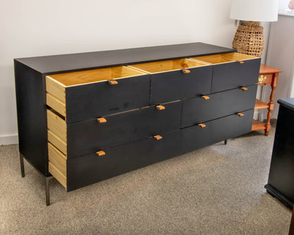 Four Hands 7 Drawer Trey Dresser In Black Wash Poplar Finish On Slim Iron Legs