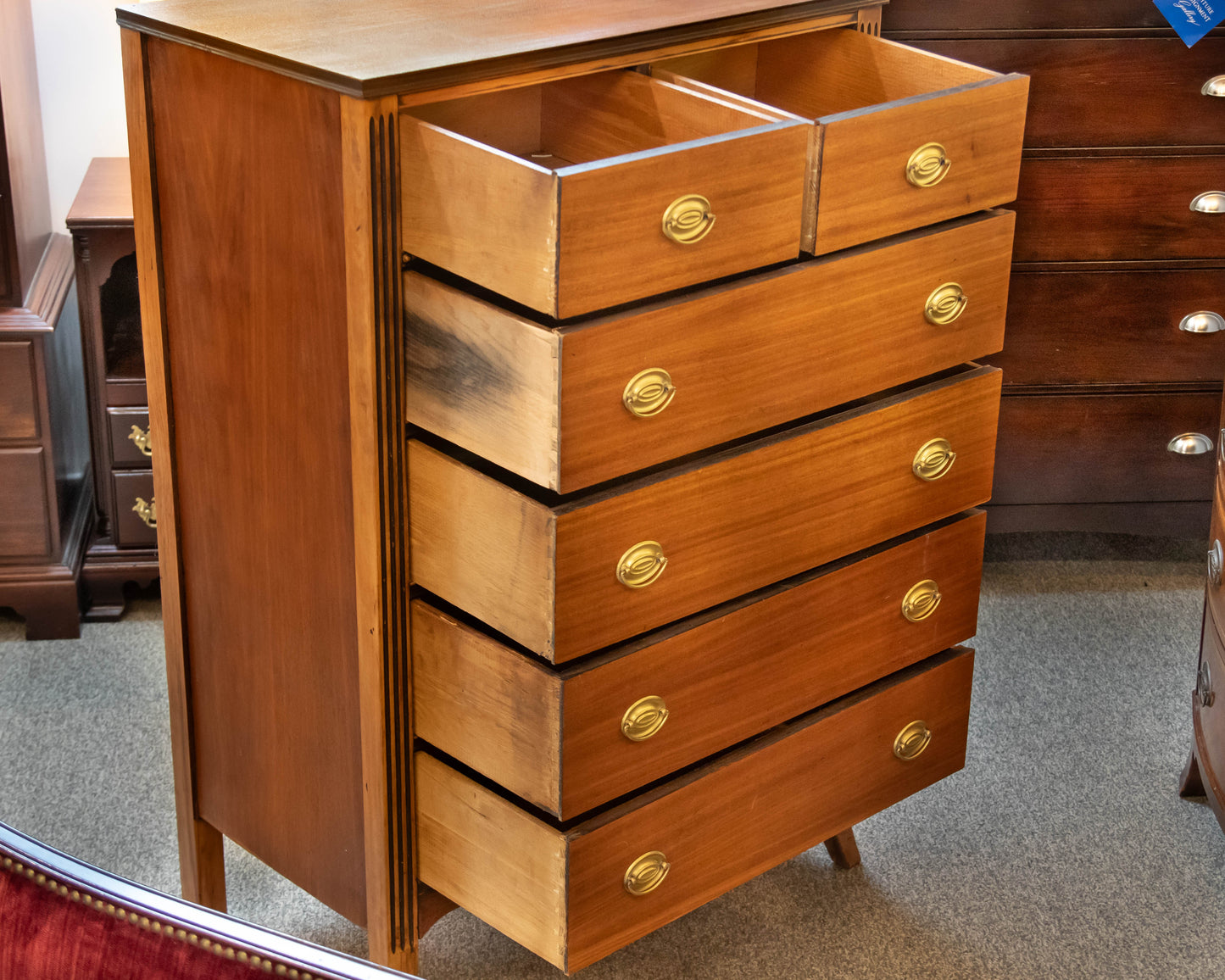 Six Drawer Mahogany Chest W/ Beaded Column Design &  Brass Hardware