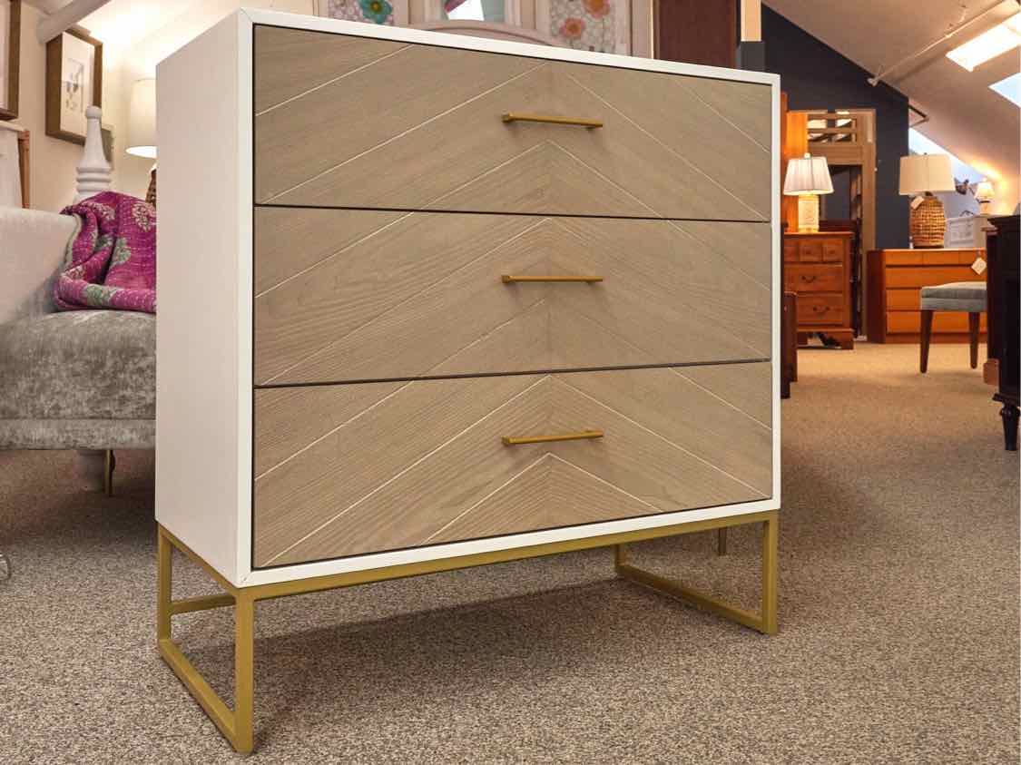 White 3-Drawer Chest on Gold Frame with Driftwood Drawerfronts