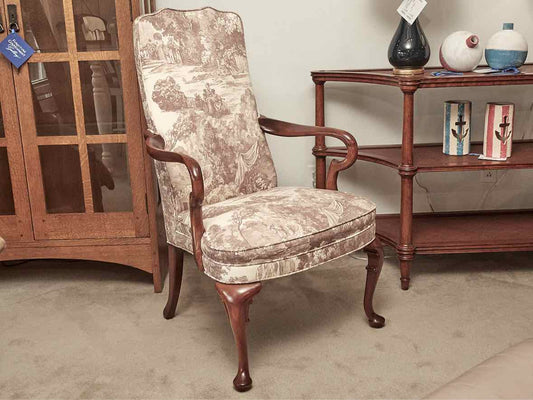 Hickory Cherry Gooseneck Arm Chair in Brown & Cream Toile Upholstery