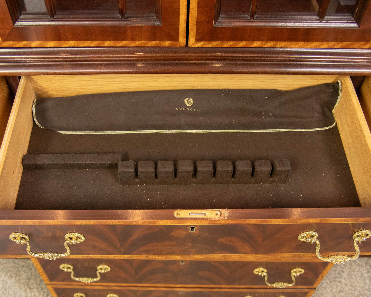 Councill Craftsman Burled Mahogany Breakfront W/ Satinwood Border