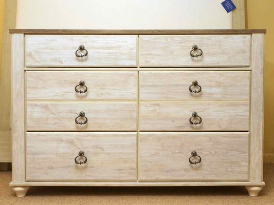 White Washed 6 Drawer Dresser with Metal Pulls