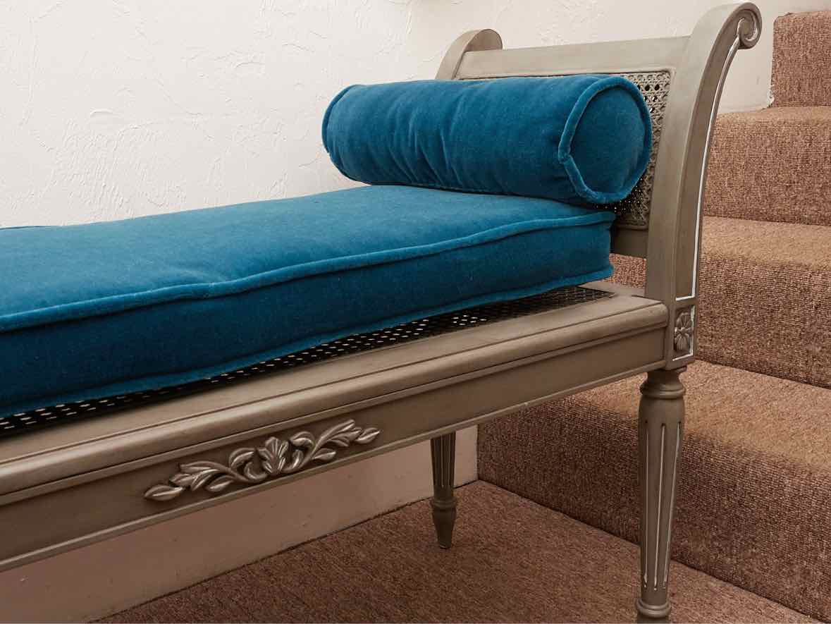 Gray Finish Cain Bench with Silver Accents & Peacock Blue Velvet Cushion