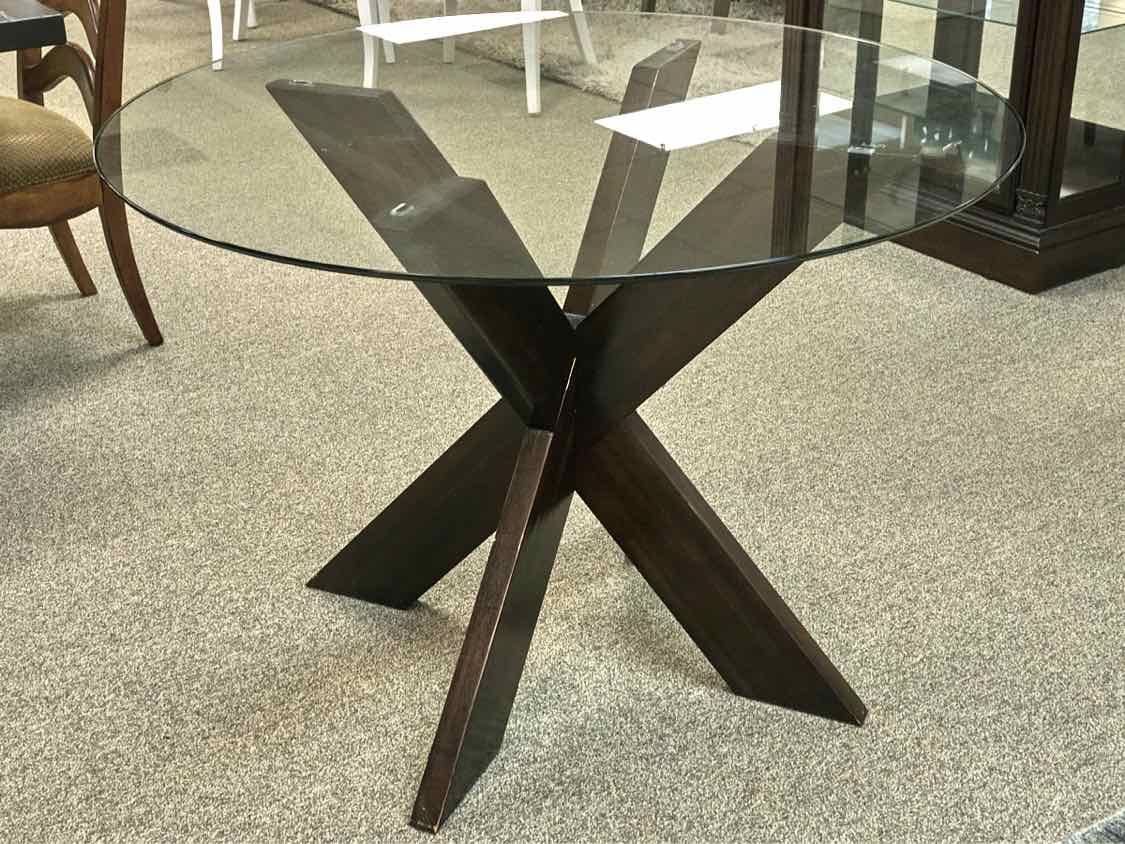 Round Glass Top Dining Table with X Base in Espresso Finish
