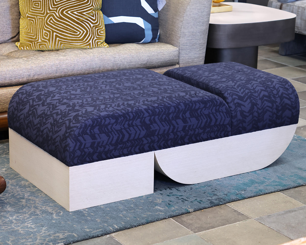 Contemporary S Ottoman with Flocked Navy Upholstery on White Finish Oak Base