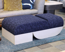 Contemporary S Ottoman with Flocked Navy Upholstery on White Finish Oak Base