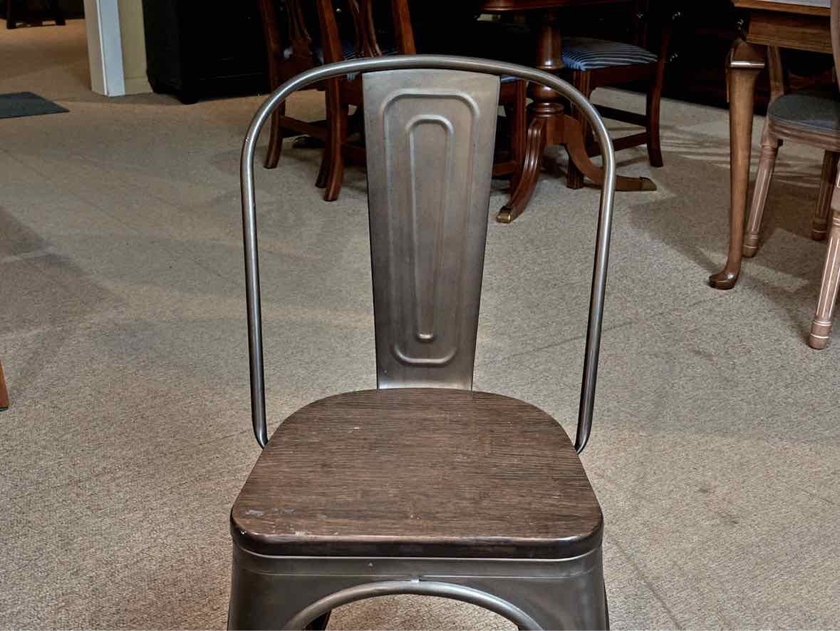 Industrial Tolix Style Metal Glass  Top Table & 4 Metal & Cypress Chair Set