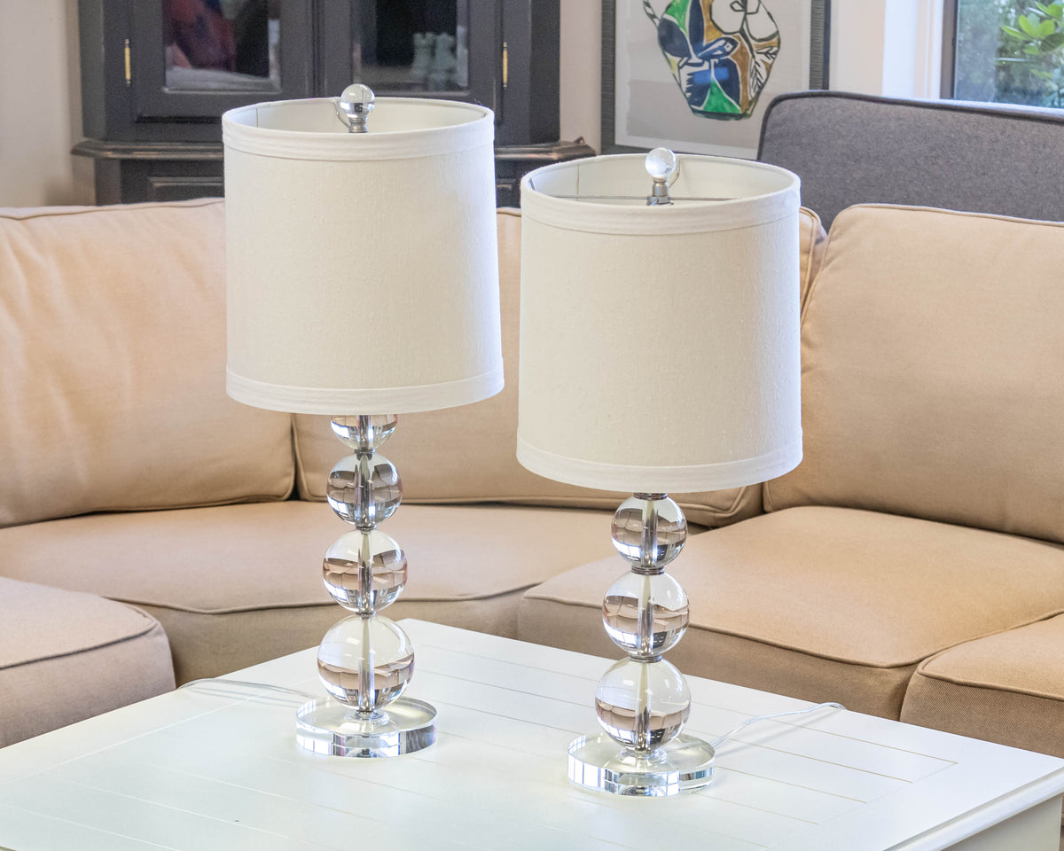 Pair of Stacked Crystal Orb Table Lamps with Drum Shades