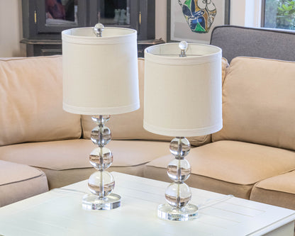 Pair of Stacked Crystal Orb Table Lamps with Drum Shades