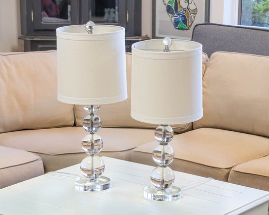 Pair of Stacked Crystal Orb Table Lamps with Drum Shades