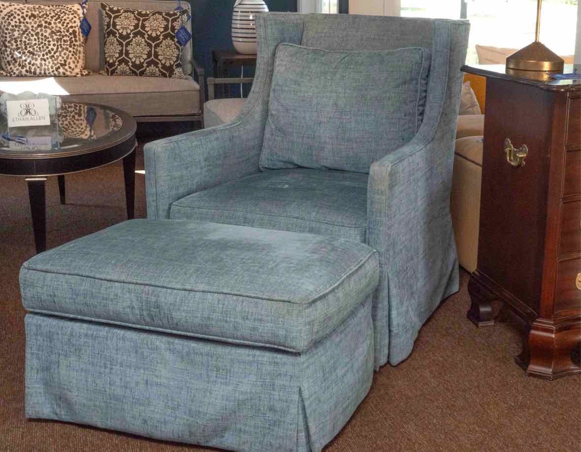 Pair Lee Industries Wing Back Swivel Skirted  Chairs & Ottoman