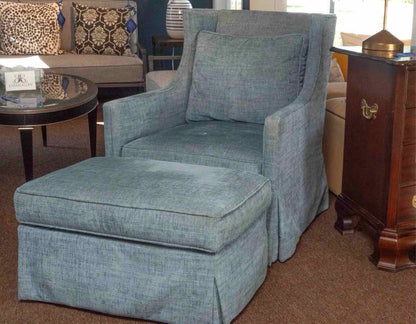Pair Lee Industries Wing Back Swivel Skirted  Chairs & Ottoman