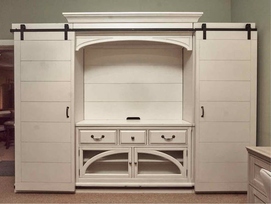 Magnussen White Wall Display Cabinet with Sliding Barn Doors