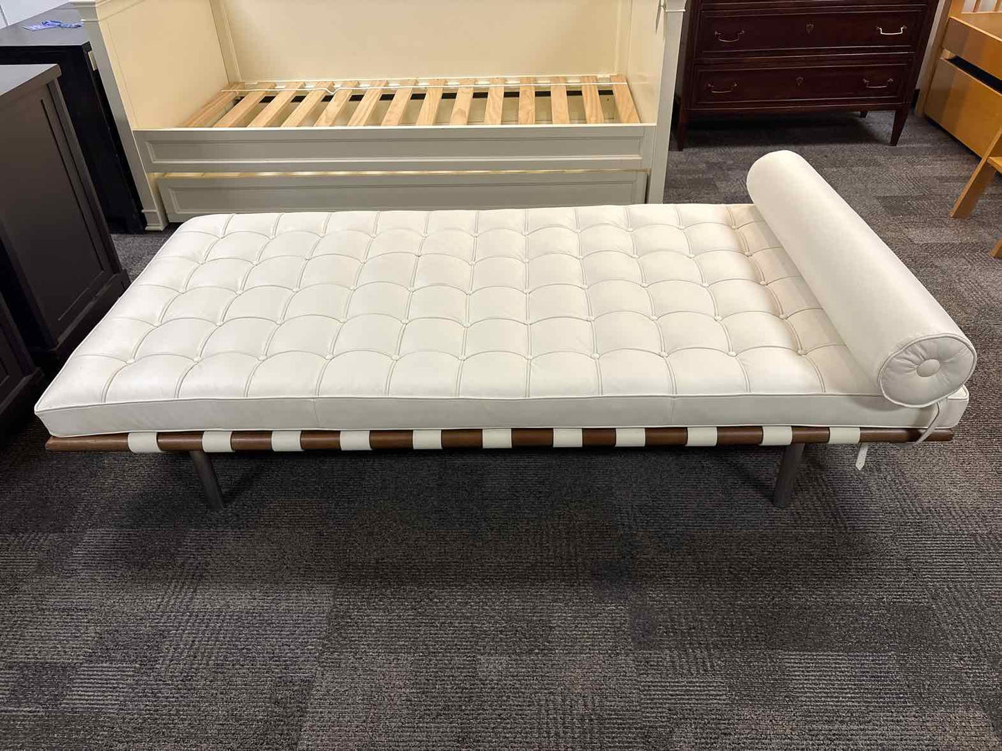 White Leather Button Tufted Chaise w/ Pillow