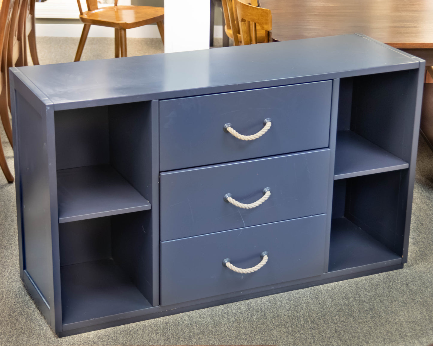 Land of Nod Navy 3-Drawer Dresser with Storage Cubbies and Rope Pulls