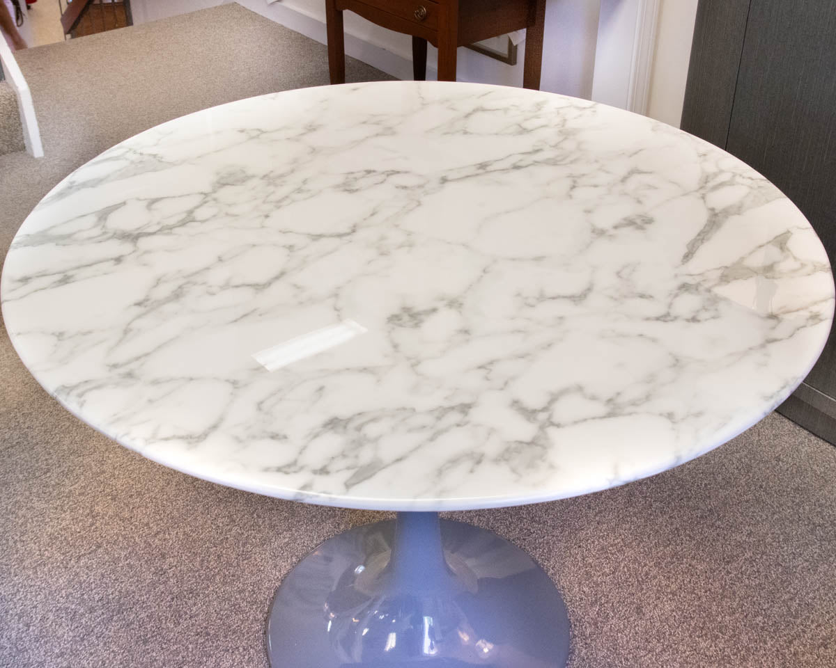 Round Tulip Dining Table with White & Grey Faux Stone Top