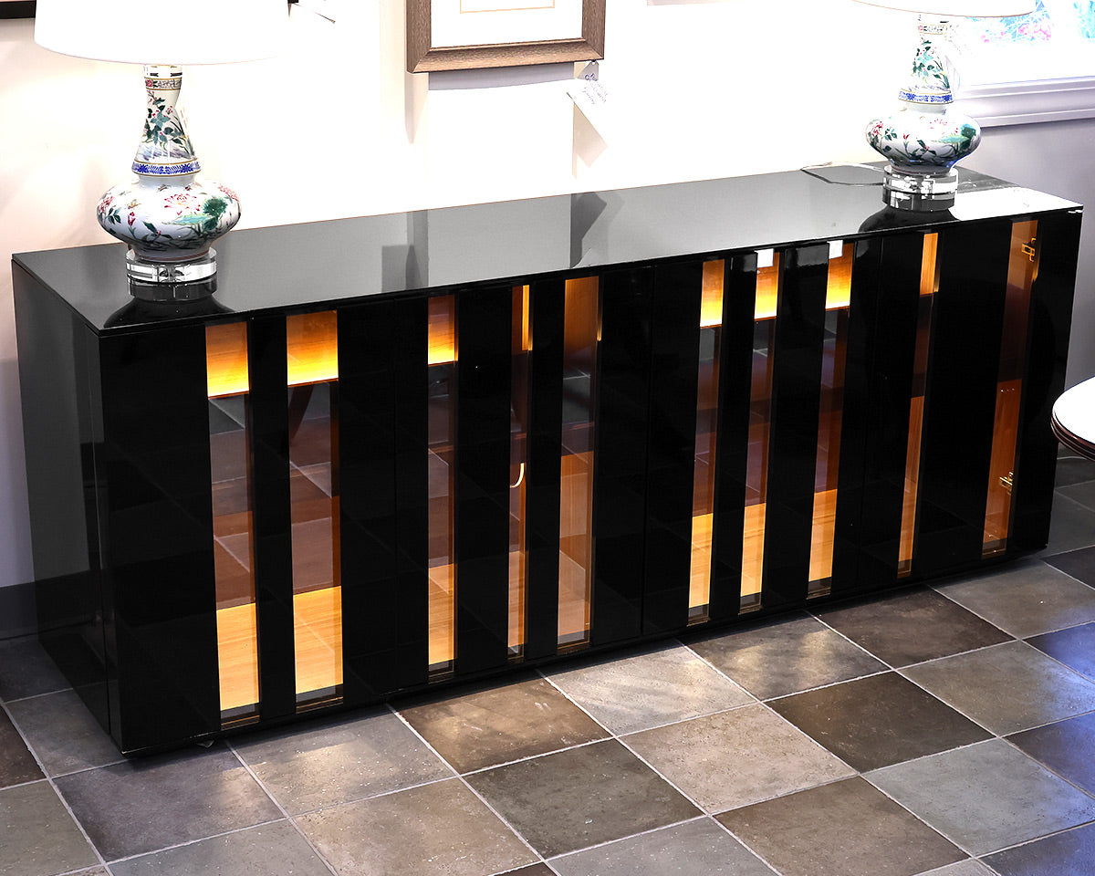 Black Lacquer Sideboard with Lighted Interior Wood Shelves