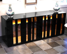 Black Lacquer Sideboard with Lighted Interior Wood Shelves