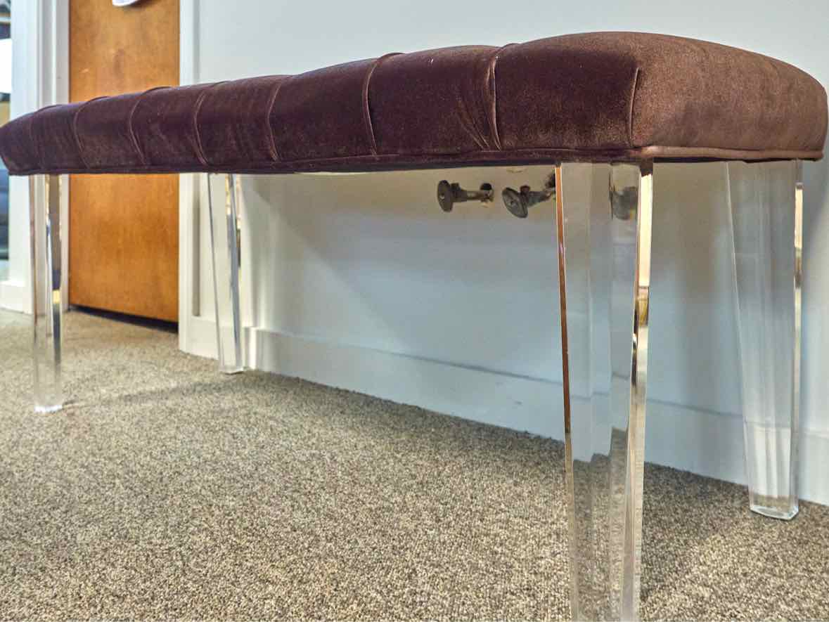 Brown Performance Velvet Ottoman with Tufted Buttons & Lucite Legs