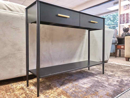 Williams Sonoma Black Metal 2 Drawer Console with Brushed Gold  Pulls