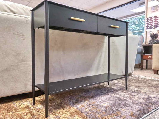 Williams Sonoma Black Metal 2 Drawer Console with Brushed Gold  Pulls