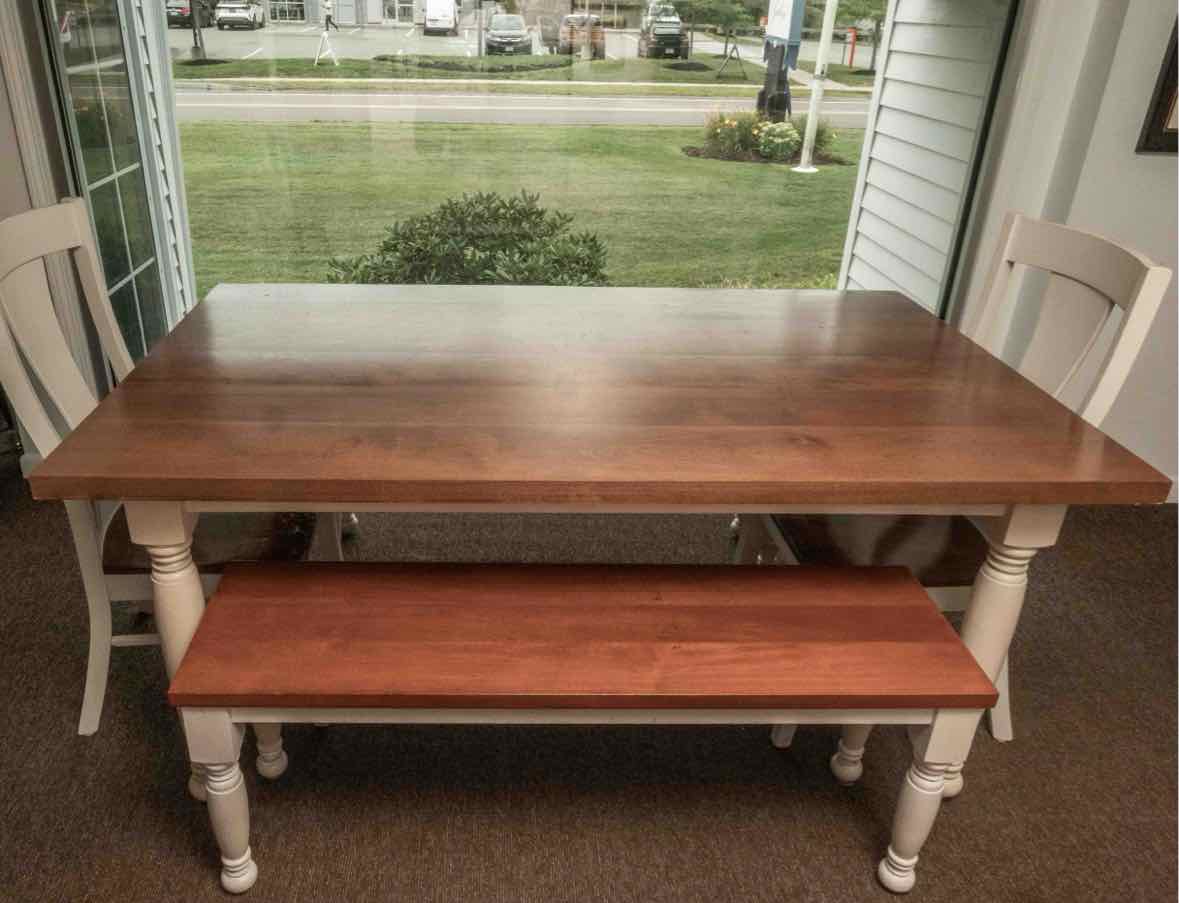 Bassett  Cherry Top Cream Frinish Turned Legs Table & 2 Benches/2 Chairs Set