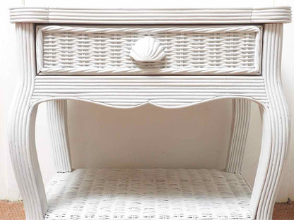 White Wicker 1 Drawer & Shelf Shell Accent Knob Nightstand