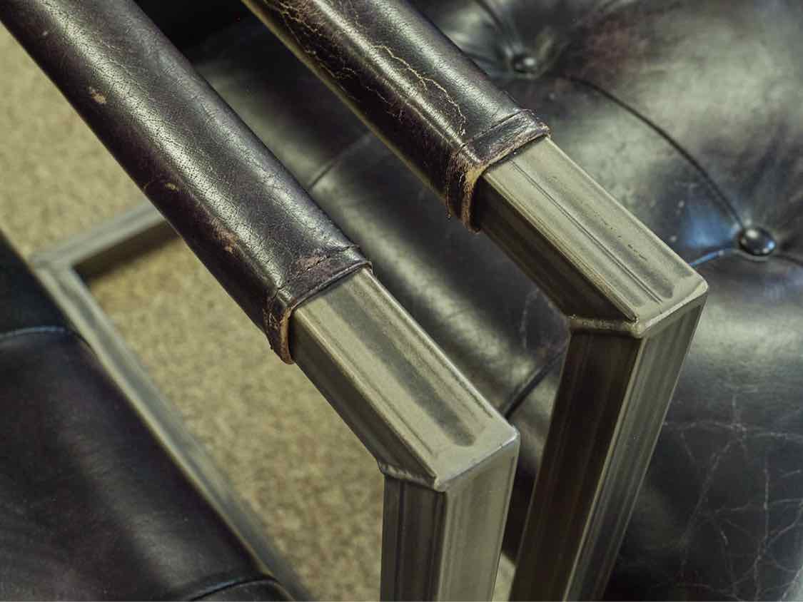Pair of Restoration Hardware Industrial Metal & Leather Arm Chairs