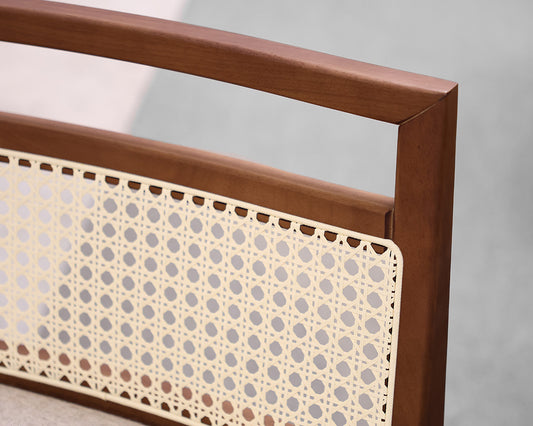 Set of 3 uultis SOTTO Counter Height Stools in Walnut, Beige Fabric & Cane