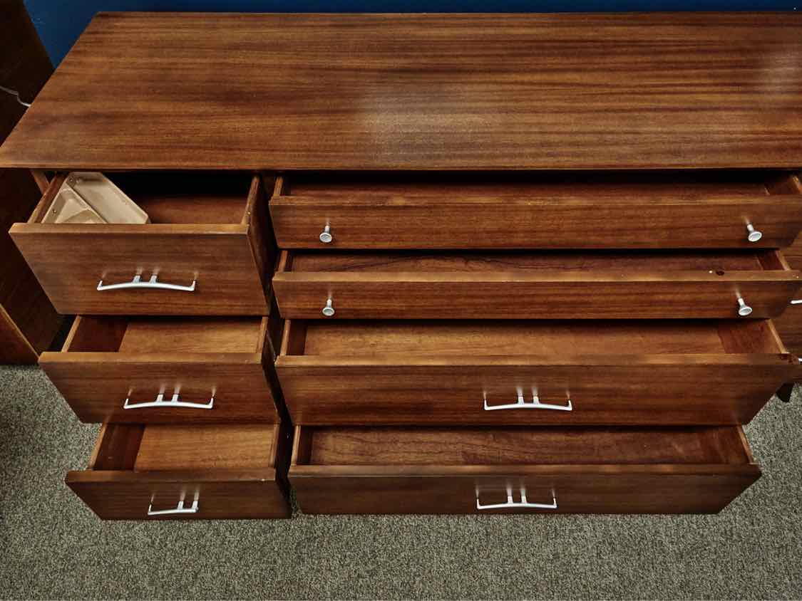 RWay MCM Walnut 10 Drawer Dresser with Silver Finish Hardware