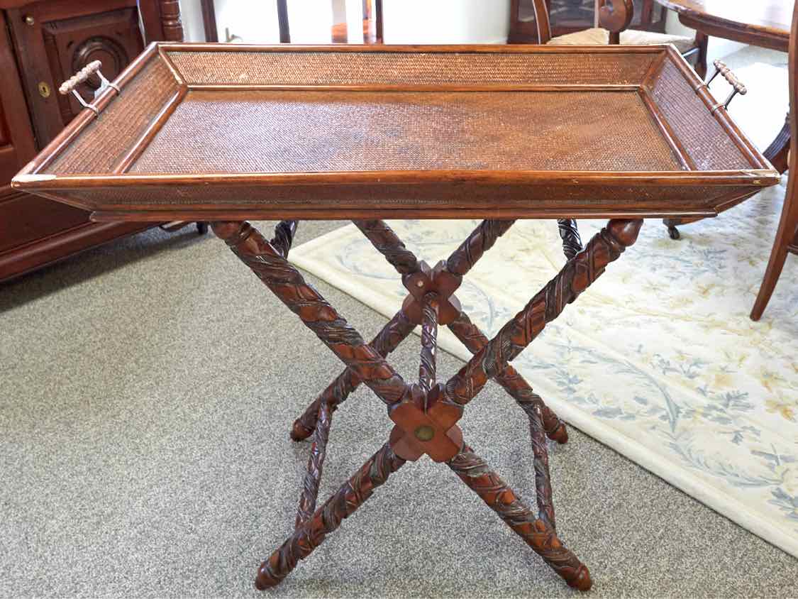 Two Piece Rattan Tray Table with Carved Base