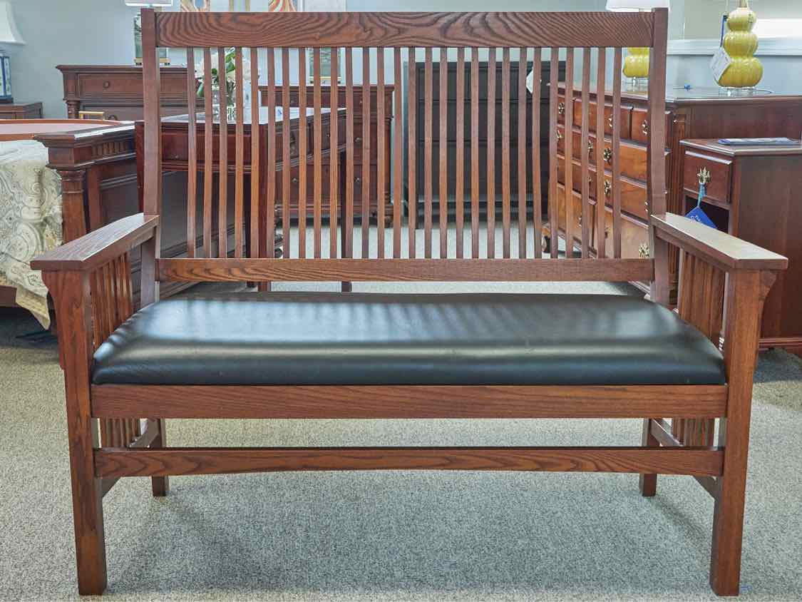Nichols & Stone Mission Spindle Bench in Oak with Cherry Finish and Black Seat