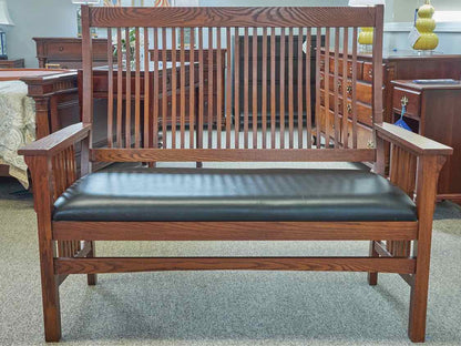 Nichols & Stone Mission Spindle Bench in Oak with Cherry Finish and Black Seat