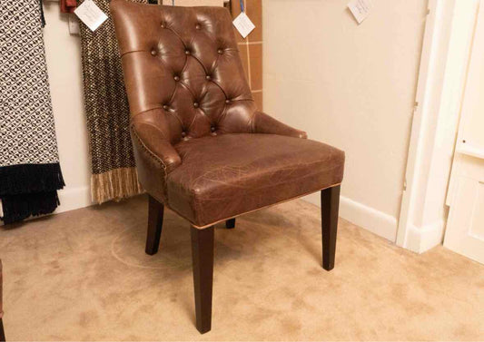 Pair of Tufted Distressed Tobacco Leather Dining Chairs with Naile Head Trim