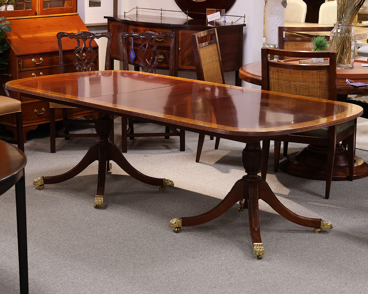 Councill Banded Mahogany Double Pedestal Dining Table with Three Leaves