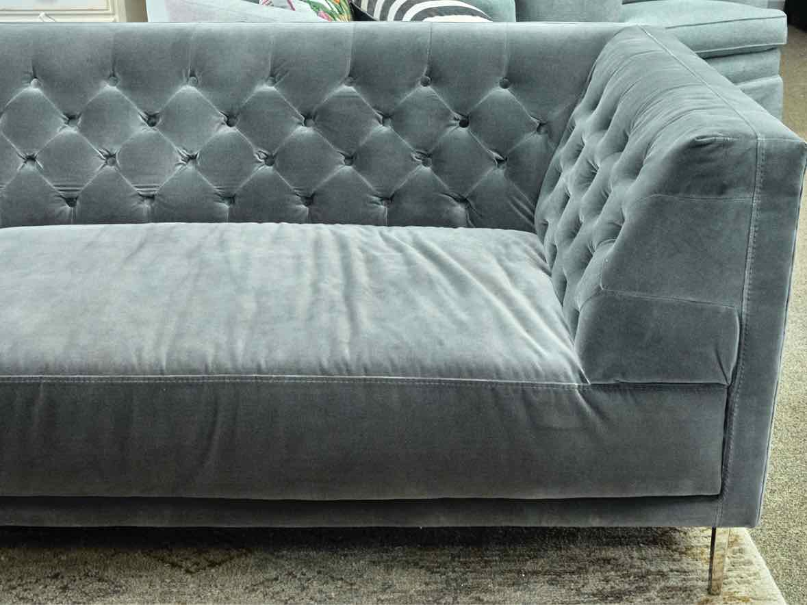 CB2 Tufted 104" Sofa in Steel Grey Velvet on Chrome Legs