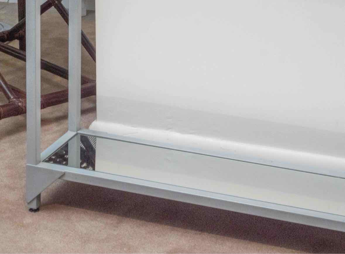 Contemporary Grey Metal Console with Glass Top & Mirrored Bottom Shelf